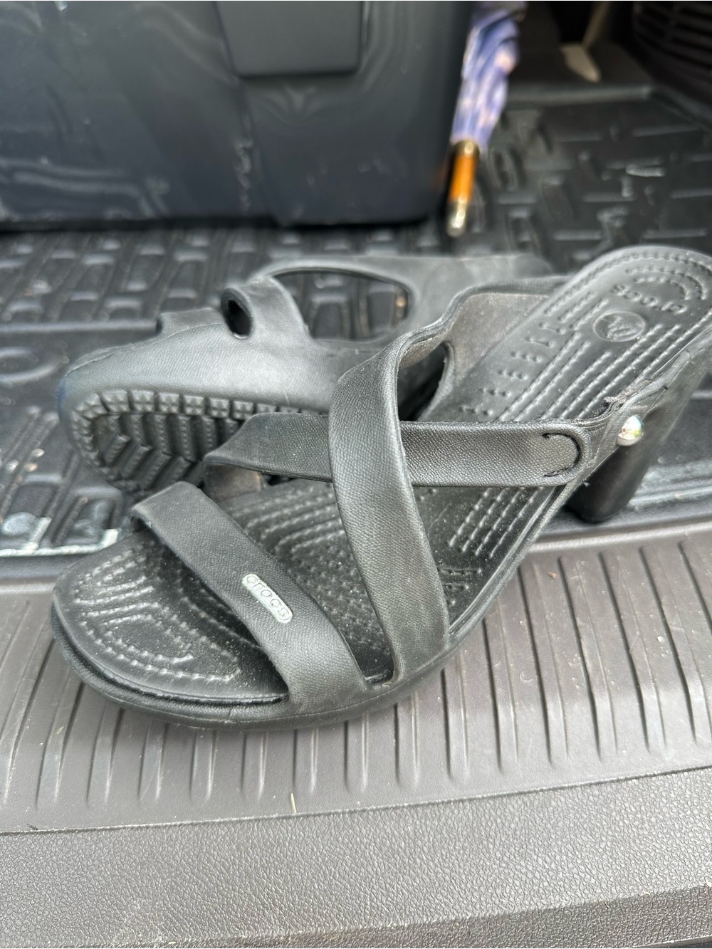 CROCS Black Strappy Block Heel Backless Sandals - Picture 9 of 9